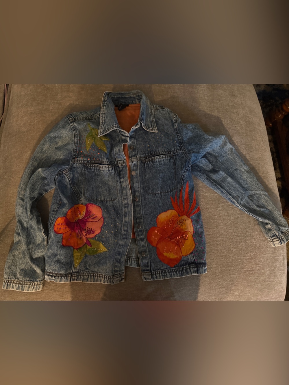 Denim Jacket with Orange Floral Embroidery - Women Jeans